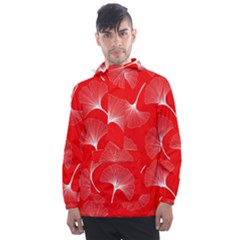 White Abstract Flowers On Red Men s Front Pocket Pullover Windbreaker by Dushan