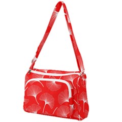 White Abstract Flowers On Red Front Pocket Crossbody Bag by Dushan