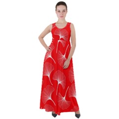 White Abstract Flowers On Red Empire Waist Velour Maxi Dress by Dushan