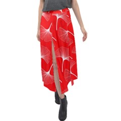 White Abstract Flowers On Red Velour Split Maxi Skirt by Dushan