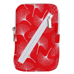 White Abstract Flowers On Red Belt Pouch Bag (large) by Dushan