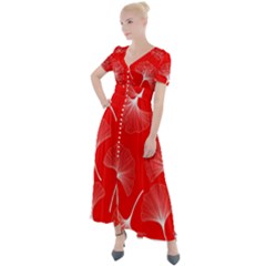 White Abstract Flowers On Red Button Up Short Sleeve Maxi Dress by Dushan