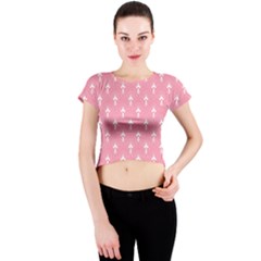 White And Pink Art-deco Pattern Crew Neck Crop Top by Dushan