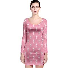 White And Pink Art-deco Pattern Long Sleeve Bodycon Dress by Dushan