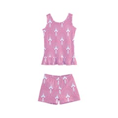 White And Pink Art-deco Pattern Kids  Boyleg Swimsuit by Dushan