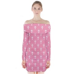 White And Pink Art-deco Pattern Long Sleeve Off Shoulder Dress by Dushan