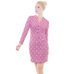 White And Pink Art-deco Pattern Button Long Sleeve Dress by Dushan