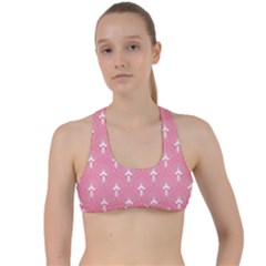 White And Pink Art-deco Pattern Criss Cross Racerback Sports Bra by Dushan