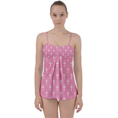 White And Pink Art-deco Pattern Babydoll Tankini Set by Dushan