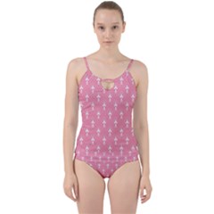 White And Pink Art-deco Pattern Cut Out Top Tankini Set by Dushan