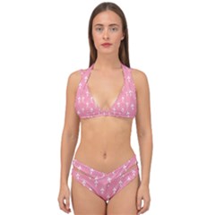 White And Pink Art-deco Pattern Double Strap Halter Bikini Set by Dushan