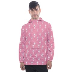 White And Pink Art-deco Pattern Men s Front Pocket Pullover Windbreaker by Dushan