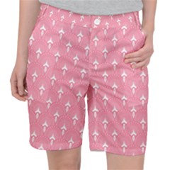 White And Pink Art-deco Pattern Pocket Shorts by Dushan