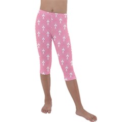 White And Pink Art-deco Pattern Kids  Lightweight Velour Capri Leggings  by Dushan