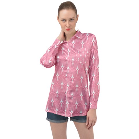 White And Pink Art-deco Pattern Long Sleeve Satin Shirt by Dushan