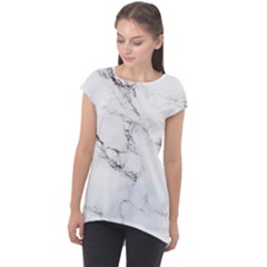 White Faux Marble Cap Sleeve High Low Top by Dushan