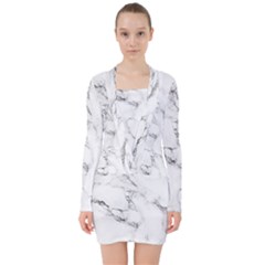 White Faux Marble V-neck Bodycon Long Sleeve Dress by Dushan