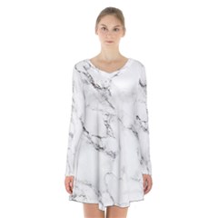 White Faux Marble Long Sleeve Velvet V-neck Dress