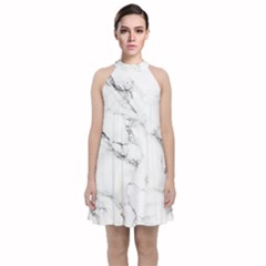 White Faux Marble Velvet Halter Neckline Dress 