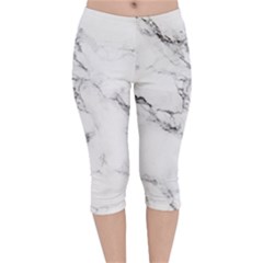 White Faux Marble Velvet Capri Leggings  by Dushan