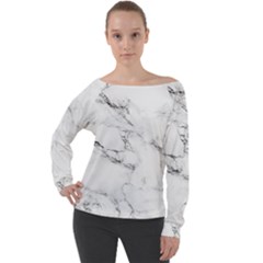 White Faux Marble Off Shoulder Long Sleeve Velour Top