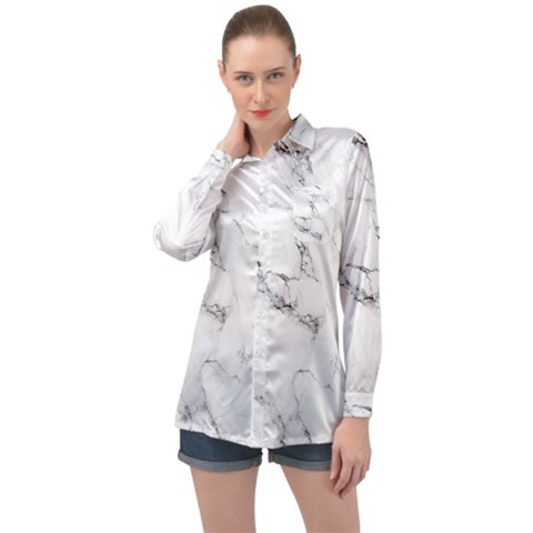 White Faux Marble Long Sleeve Satin Shirt by Dushan