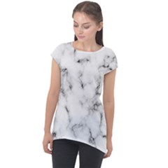 White Faux Marble Texture  Cap Sleeve High Low Top by Dushan