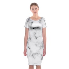 White Faux Marble Texture  Classic Short Sleeve Midi Dress by Dushan