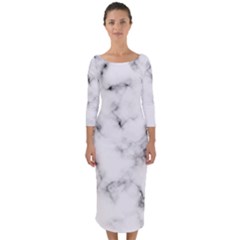 White Faux Marble Texture  Quarter Sleeve Midi Bodycon Dress by Dushan