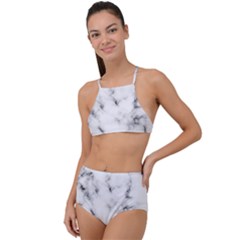 White Faux Marble Texture  High Waist Tankini Set by Dushan