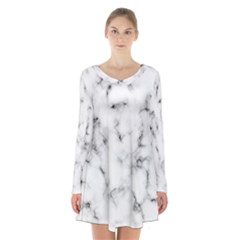 White Faux Marble Texture  Long Sleeve Velvet V-neck Dress