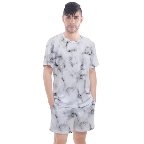 White Faux Marble Texture  Men s Mesh Tee And Shorts Set by Dushan