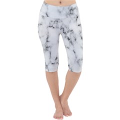 White Faux Marble Texture  Lightweight Velour Cropped Yoga Leggings by Dushan