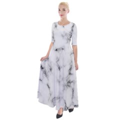 White Faux Marble Texture  Half Sleeves Maxi Dress by Dushan