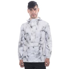 White Faux Marble Texture  Men s Front Pocket Pullover Windbreaker by Dushan