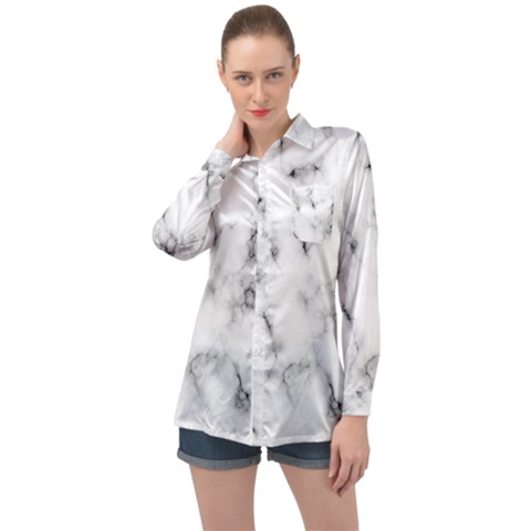 White Faux Marble Texture  Long Sleeve Satin Shirt by Dushan