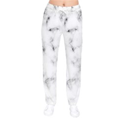 White Faux Marble Texture  Women Velvet Drawstring Pants