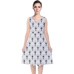 Black And White Art-deco Pattern V-neck Midi Sleeveless Dress  by Dushan