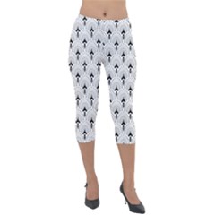 Black And White Art-deco Pattern Lightweight Velour Capri Leggings  by Dushan