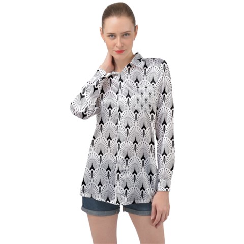 Black And White Art-deco Pattern Long Sleeve Satin Shirt by Dushan