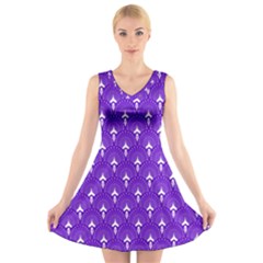 White And Purple Art-deco Pattern V-neck Sleeveless Dress by Dushan