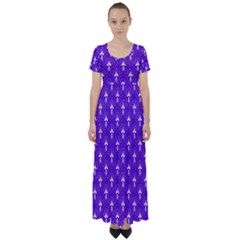 White And Purple Art-deco Pattern High Waist Short Sleeve Maxi Dress by Dushan