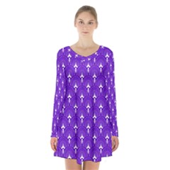 White And Purple Art-deco Pattern Long Sleeve Velvet V-neck Dress