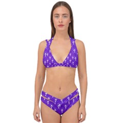 White And Purple Art-deco Pattern Double Strap Halter Bikini Set