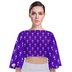 White And Purple Art-deco Pattern Tie Back Butterfly Sleeve Chiffon Top