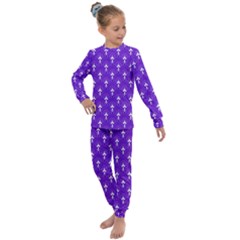 White And Purple Art-deco Pattern Kids  Long Sleeve Set  by Dushan