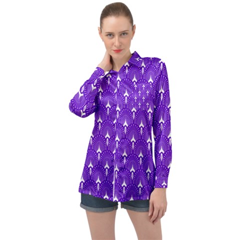 White And Purple Art-deco Pattern Long Sleeve Satin Shirt by Dushan