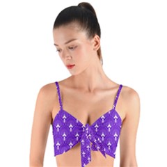 White And Purple Art-deco Pattern Woven Tie Front Bralet by Dushan