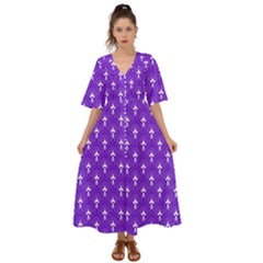 White And Purple Art-deco Pattern Kimono Sleeve Boho Dress