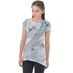 Gray Faux Marble Blue Accent Cap Sleeve High Low Top by Dushan